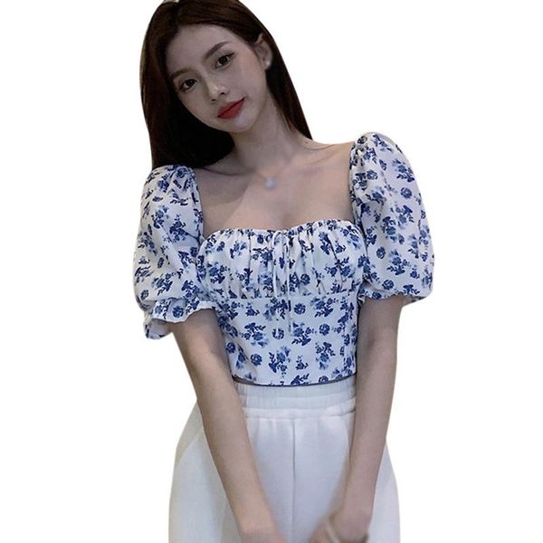 women's blouses & shirts women square neck bubble sleeve floral shirt short lace up slim top, White
women's blouses & shirts women square neck bubble sleeve floral shirt short lace up slim top, White