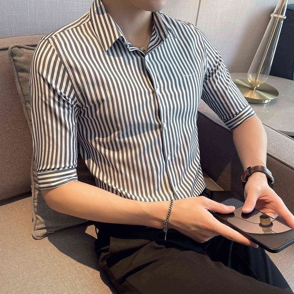 business casual shirts for men summer 3/4 sleeve slim fit striped shirts social party streetwear male clothing 210527, White;black
business casual shirts for men summer 3/4 sleeve slim fit striped shirts social party streetwear male clothing 210527, White;black