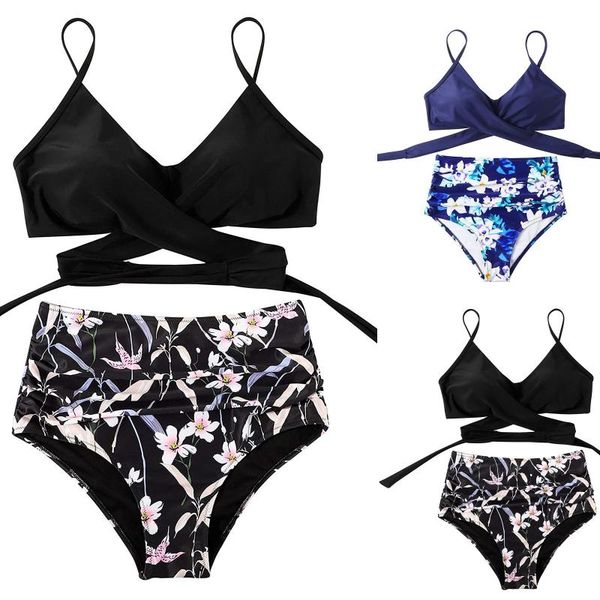women's swimwear women cross high waisted string floral printed 2 piece bathing suit bikini ladies beachwear summer, White;black
women's swimwear women cross high waisted string floral printed 2 piece bathing suit bikini ladies beachwear summer, White;black