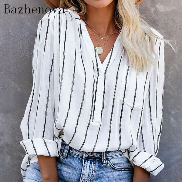 women's blouses & shirts bazhenova 2021 shirt blouse stripe half-cardigan button pocket v-neck long sleeve casual loose autumn t1354, White
women's blouses & shirts bazhenova 2021 shirt blouse stripe half-cardigan button pocket v-neck long sleeve casual loose autumn t1354, White