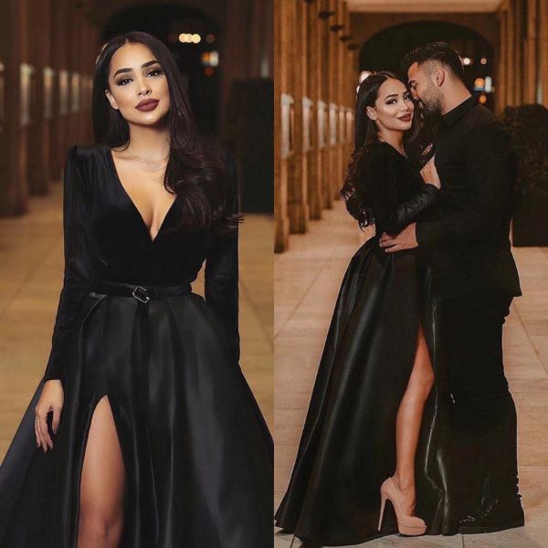 black prom dresses long sleeves velvet sash side slit satin plunging v neck custom made floor length evening party gown plus size vestidos
black prom dresses long sleeves velvet sash side slit satin plunging v neck custom made floor length evening party gown plus size vestidos