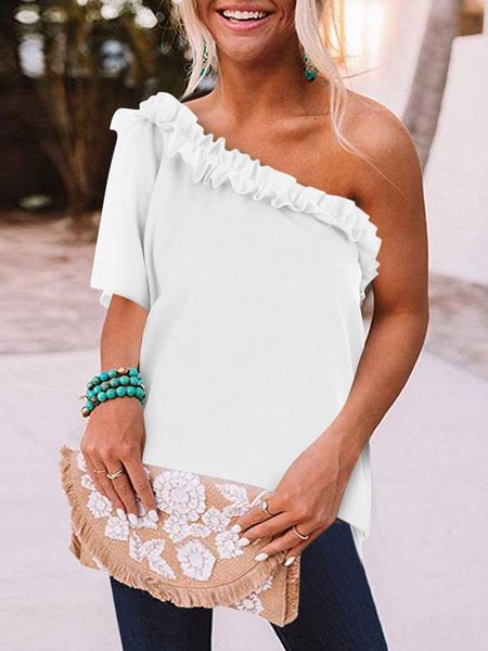 women's blouses & shirts summer solid elegant office lady blusa2xl spring one shoulder ruffle blouse shirt women backless short sleeve, White
women's blouses & shirts summer solid elegant office lady blusa2xl spring one shoulder ruffle blouse shirt women backless short sleeve, White