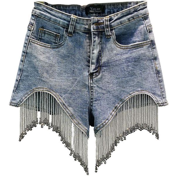 women's shorts elastic high waist summer rhinestone fringed denim women wide leg jeans, White;black
women's shorts elastic high waist summer rhinestone fringed denim women wide leg jeans, White;black