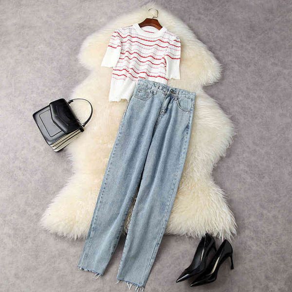women's two piece pants summer half sleeve round neck white striped knitted tees + high waist long jeans suits 2 s set 21m2311982 94jh
women's two piece pants summer half sleeve round neck white striped knitted tees + high waist long jeans suits 2 s set 21m2311982 94jh
