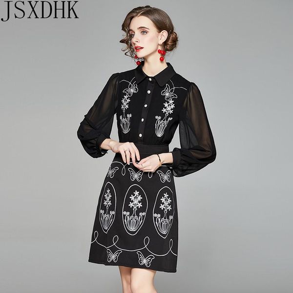 autumn turn-down collar mesh patchwork long sleeve single-breasted high waist printed embroider women mini party dress casual dresses, Black;gray