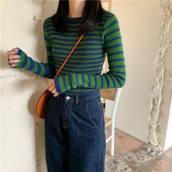 women's sweaters women green stripped sweater ribbed jumper fitted long sleeve pullover kawaii clothes chic knitted and blue stripe, White;black
women's sweaters women green stripped sweater ribbed jumper fitted long sleeve pullover kawaii clothes chic knitted and blue stripe, White;black