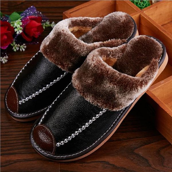 men's slippers multicolor winter leather warm indoor waterproof home shoes, Black 
men's slippers multicolor winter leather warm indoor waterproof home shoes, Black