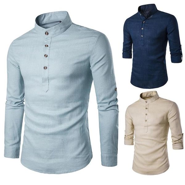 spring men solid color linen stand collar long sleeve shirt casual slim fitness men's shirts, White;black
spring men solid color linen stand collar long sleeve shirt casual slim fitness men's shirts, White;black