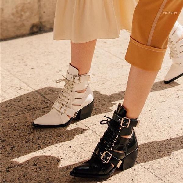 boots cut out design ankle lace up belt chunky heel black leather shoes pointed toe white booties1
boots cut out design ankle lace up belt chunky heel black leather shoes pointed toe white booties1