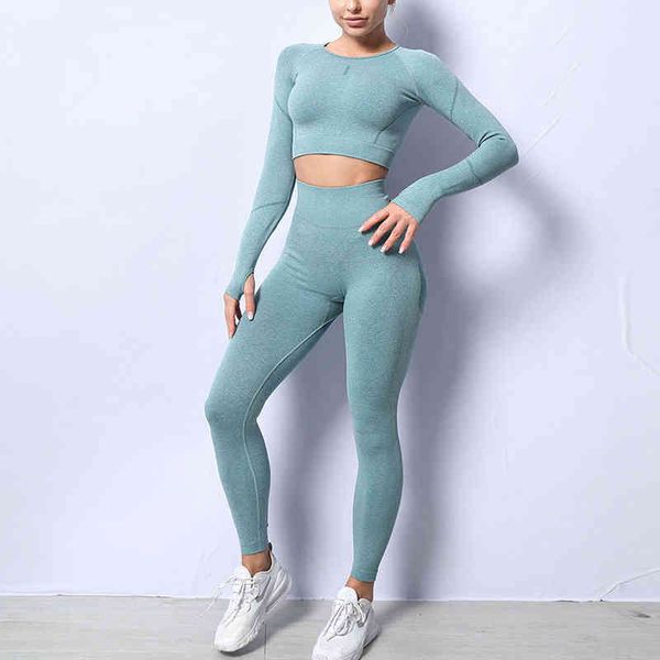 women's seamls yoga suits, fitns, long sv, blous, high waist tights, sportswear, fitns wear, Gray