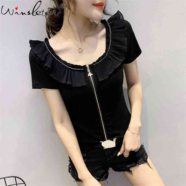 cotton women's ruffles diamonds t-shirts solid color off-shoulder o neck tshirt summer black zipper tee mujer t06005b 210421, White
cotton women's ruffles diamonds t-shirts solid color off-shoulder o neck tshirt summer black zipper tee mujer t06005b 210421, White