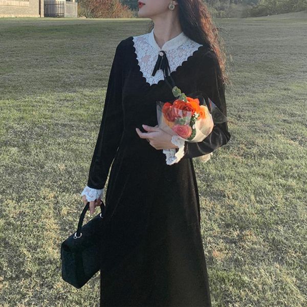 vintage velvet black long sleeve dress french lace women midi warm 2021 spring korean one-piece female wedding party casual dresses, Black;gray
vintage velvet black long sleeve dress french lace women midi warm 2021 spring korean one-piece female wedding party casual dresses, Black;gray