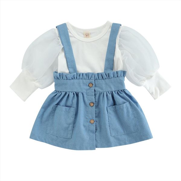 baby solid color clothes set, girls long mesh sleeve o neck denim suspender skirt with ruffles 1 5t, White
baby solid color clothes set, girls long mesh sleeve o neck denim suspender skirt with ruffles 1 5t, White