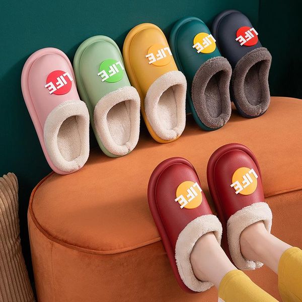women slippers indoor winter waterproof warm home fur men slipper male couple platform shoes, Black