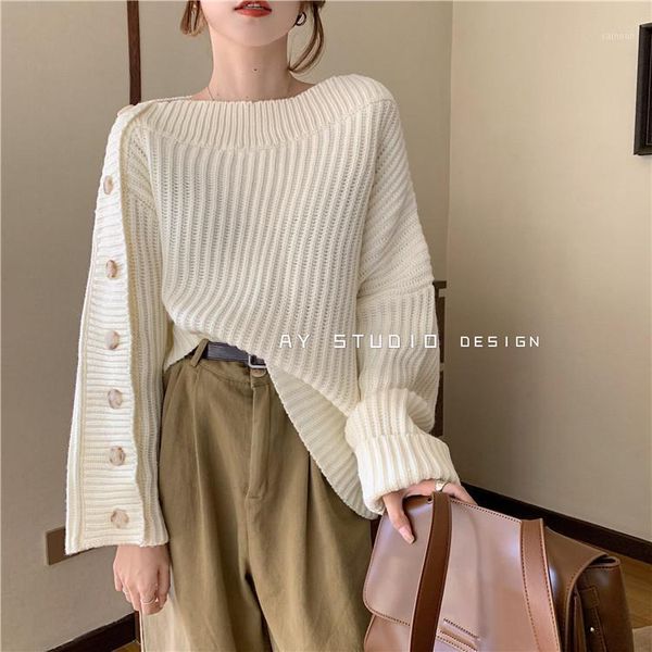 button long sleeve sweater women's autumn and winter loose pullover lazy wind knitted sweaters, White;black
button long sleeve sweater women's autumn and winter loose pullover lazy wind knitted sweaters, White;black