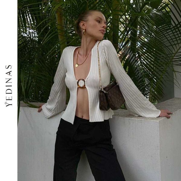 yedinas white patchwork v neck slim sleeve shirt crop blouse spring fashion woman tshirts casual streetwear 210527