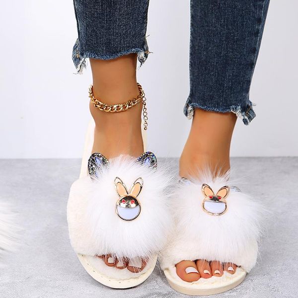 slippers simple beautiful warm fuzzy fur flat home cotton shoes women winter animal sweet indoor footwear plush flip flops, Black