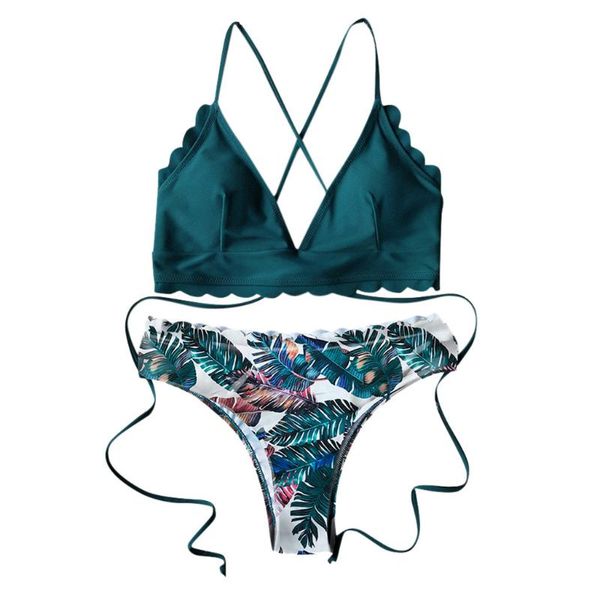 women's swimwear scalloped hem lace up tropical print high cut bikini two piece swimsuit women one 2 set, White;black
women's swimwear scalloped hem lace up tropical print high cut bikini two piece swimsuit women one 2 set, White;black
