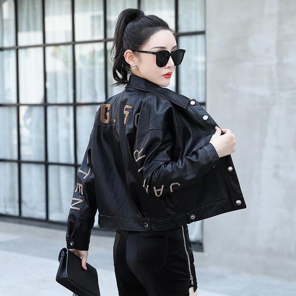 women's leather & faux autumn short lapel collar regular coat loose multiple pockets letter embroidery jacket korean locomotive style, Black
women's leather & faux autumn short lapel collar regular coat loose multiple pockets letter embroidery jacket korean locomotive style, Black