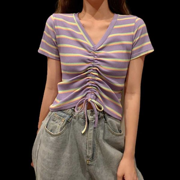 women's t-shirt v-neck rainbow stripes t shirts women clothing drawstring short sleeve tees ins hipster casual ladies harajuku sweet s, White
women's t-shirt v-neck rainbow stripes t shirts women clothing drawstring short sleeve tees ins hipster casual ladies harajuku sweet s, White