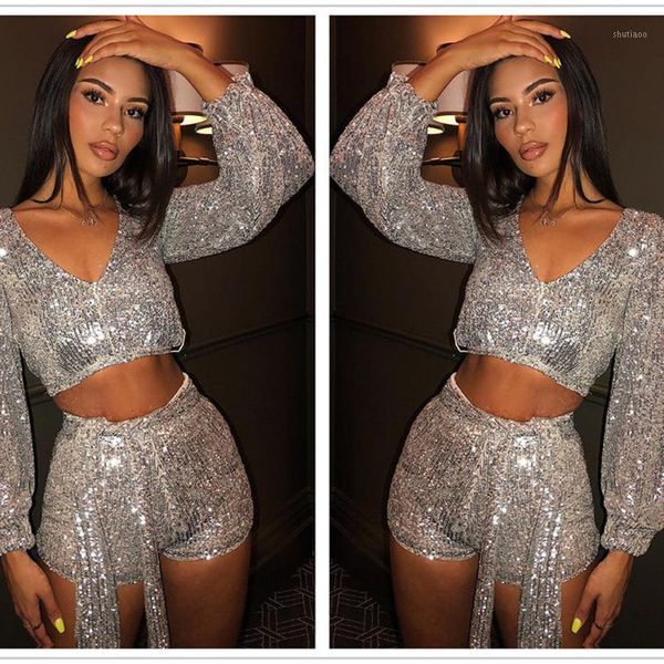 two piece set women sequins long sleeves crop blouse shorts outfit suit tracksuit ensemble femme conjunto women's tracksuits, Gray
two piece set women sequins long sleeves crop blouse shorts outfit suit tracksuit ensemble femme conjunto women's tracksuits, Gray
