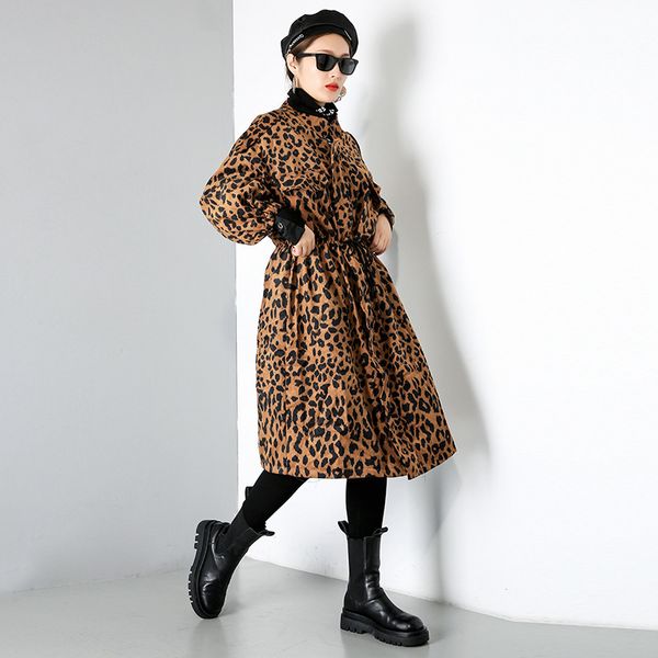 wool Female leopard patterned long sleeve thin waist trench coats plus size outerwear, Black
wool Female leopard patterned long sleeve thin waist trench coats plus size outerwear, Black