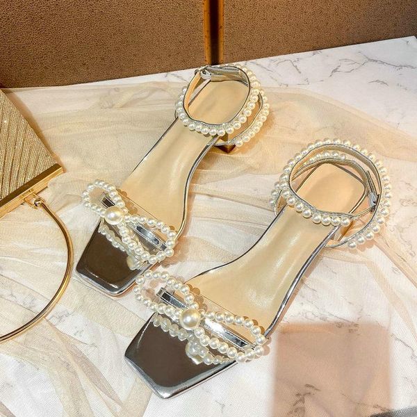 string bead pearl bow thick heel silver square head buckle high sandals female fairy style, Black
string bead pearl bow thick heel silver square head buckle high sandals female fairy style, Black