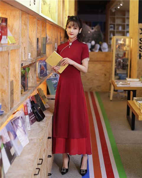 female red traditional chiffon chinese dresses tassel short sleeve loungewear qipao 2021 summer long cheongsam skirt ethnic clothing
female red traditional chiffon chinese dresses tassel short sleeve loungewear qipao 2021 summer long cheongsam skirt ethnic clothing
