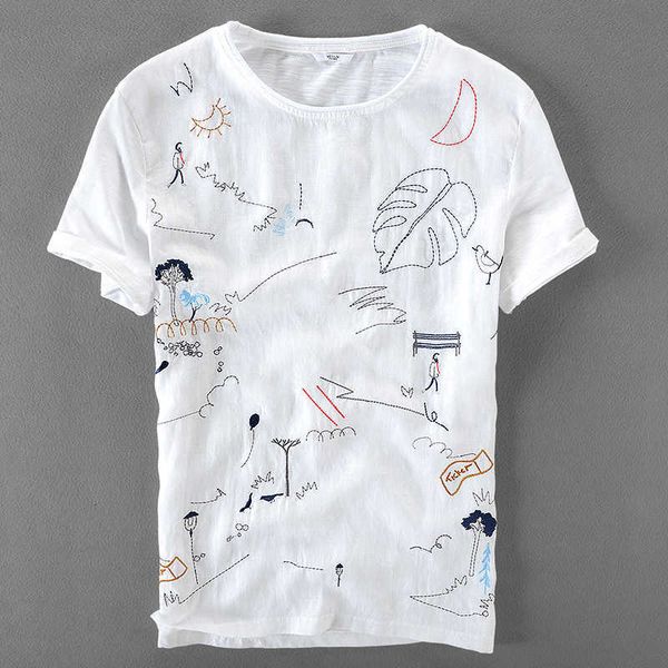 women's t-shirt dos desenhos animados bordados linho de manga curta camiseta masculina casual em torno do pescoo solto branco t shirt n, White
women's t-shirt dos desenhos animados bordados linho de manga curta camiseta masculina casual em torno do pescoo solto branco t shirt n, White