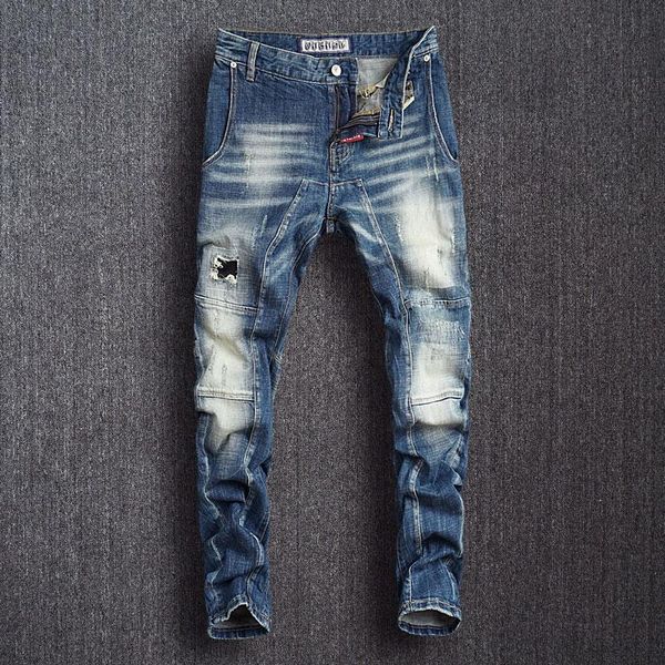 men's jeans european street fashion men retro blue distressed slim fit ripped biker spliced designer hip hop denim pants
men's jeans european street fashion men retro blue distressed slim fit ripped biker spliced designer hip hop denim pants