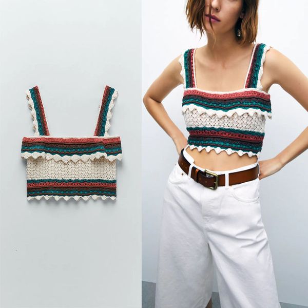 tracksuits crochet knit cropped tank women sleeveless wide straps vintage summer chic ruffle camis, Gray
tracksuits crochet knit cropped tank women sleeveless wide straps vintage summer chic ruffle camis, Gray