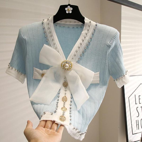 women's knits & tees sweet bowknot ice silk sweater 2021 summer women cardigan style v-neck diamond short sleeve knitted, White
women's knits & tees sweet bowknot ice silk sweater 2021 summer women cardigan style v-neck diamond short sleeve knitted, White