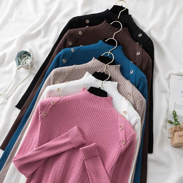women's sweaters knitted sweater pullover mock neck women 2021 fashion clothing long sleeve button casual pullovers, White;black
women's sweaters knitted sweater pullover mock neck women 2021 fashion clothing long sleeve button casual pullovers, White;black