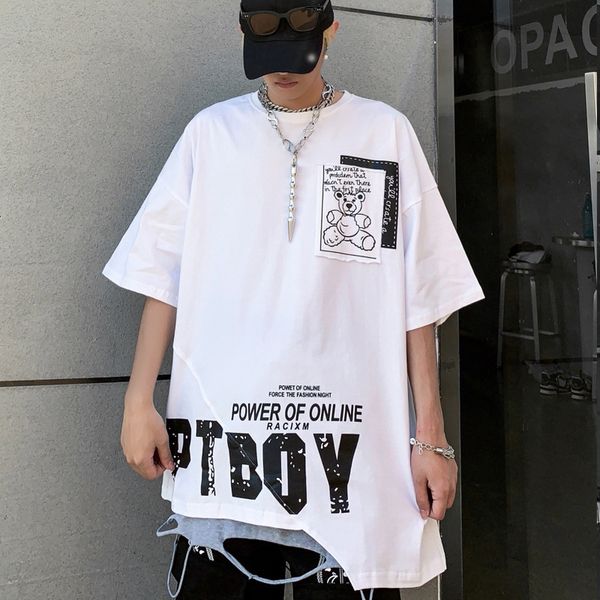 t shirt high street summer korean short sleeve boys loose irregular ins student pocket bear popular top, White;black
t shirt high street summer korean short sleeve boys loose irregular ins student pocket bear popular top, White;black