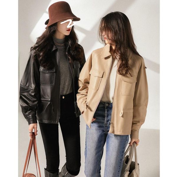 women's leather & faux zipper turn-down collar jacket with pockets womens 2021 autumn winter solid oversized loose fit sheepskin outerw, Black
women's leather & faux zipper turn-down collar jacket with pockets womens 2021 autumn winter solid oversized loose fit sheepskin outerw, Black