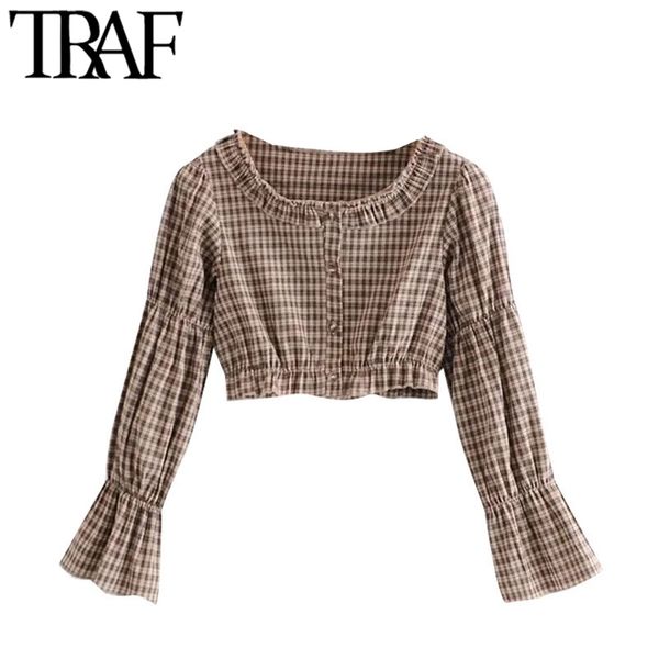 women sweet fashion with ruffle trim check cropped blouse vintage long sleeve button-up female shirts chic 210507, White
women sweet fashion with ruffle trim check cropped blouse vintage long sleeve button-up female shirts chic 210507, White