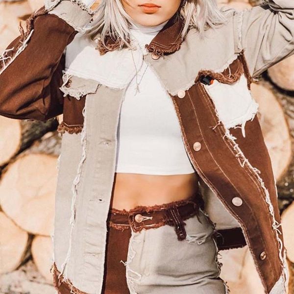 women long sleeve bomber denim jacket lapel collar color block coat button up distressed tassels outwear with pockets women's jackets, Black;brown
women long sleeve bomber denim jacket lapel collar color block coat button up distressed tassels outwear with pockets women's jackets, Black;brown