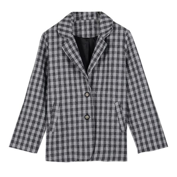 black plaid notch collar long sleeve button pocket loose office lady casual england blazer c0109 210514, White;black
black plaid notch collar long sleeve button pocket loose office lady casual england blazer c0109 210514, White;black