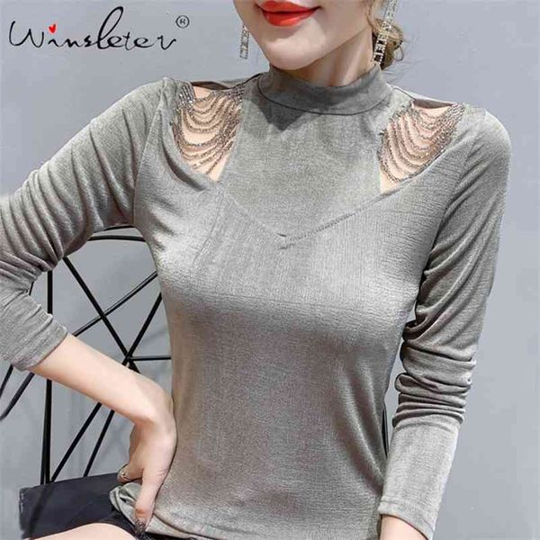 design t-shirt women diamonds beading off-shoulder hollow out cotton t shirt mock neck long sleeve spring t02409b 210421, Black;gray
design t-shirt women diamonds beading off-shoulder hollow out cotton t shirt mock neck long sleeve spring t02409b 210421, Black;gray