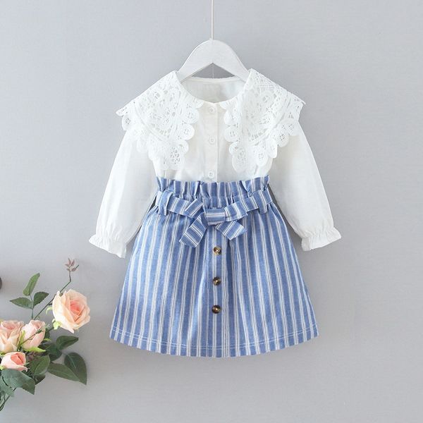 clothing sets wholesale spring girls 2-pcs long sleeves lace peter pan collar shirts+striped skirts with sashes kids clothes e115 c2r6, White
clothing sets wholesale spring girls 2-pcs long sleeves lace peter pan collar shirts+striped skirts with sashes kids clothes e115 c2r6, White