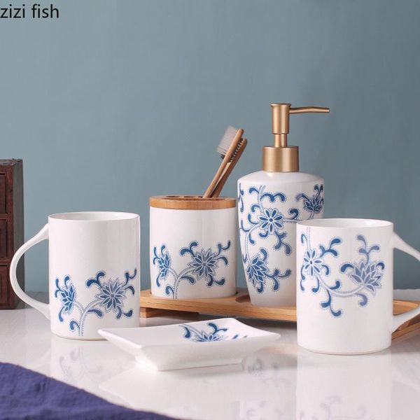 bath accessory set blue and white porcelain bathroom portable soap dispenser toothbrush holder mouth cup ceramic wash tools wooden storage t
bath accessory set blue and white porcelain bathroom portable soap dispenser toothbrush holder mouth cup ceramic wash tools wooden storage t