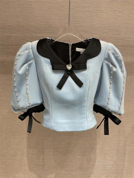 women's blouses & shirts 2021 summer fashion v-neck bead design bow puff short sleeve waist-controlled female women, White
women's blouses & shirts 2021 summer fashion v-neck bead design bow puff short sleeve waist-controlled female women, White
