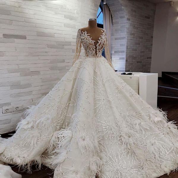 customized luxury see-through wedding dress a-line long-sleeved feather applique beaded banquet host, White
customized luxury see-through wedding dress a-line long-sleeved feather applique beaded banquet host, White