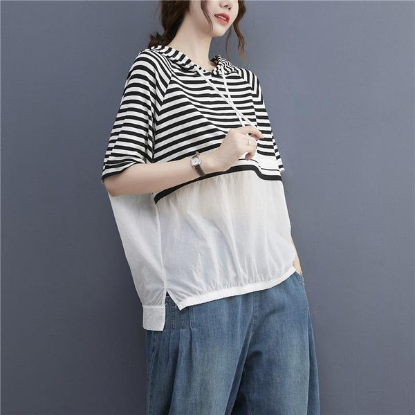women's t-shirt johnature summer hooded collar striped women 2021 casual loose patchwork short sleeve female t-shirts, White
women's t-shirt johnature summer hooded collar striped women 2021 casual loose patchwork short sleeve female t-shirts, White