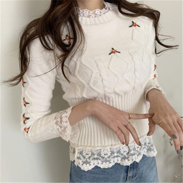 women's sweaters 2021 women ' s sweater korean style embroidered white patchwork lace short tight bottoming knitted casual pullove, White;black
women's sweaters 2021 women ' s sweater korean style embroidered white patchwork lace short tight bottoming knitted casual pullove, White;black
