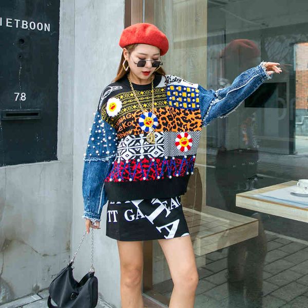 sweaters europe station autumn and winter heavy industry beaded denim stitching women loose net red knit sweater trend, White;black
sweaters europe station autumn and winter heavy industry beaded denim stitching women loose net red knit sweater trend, White;black
