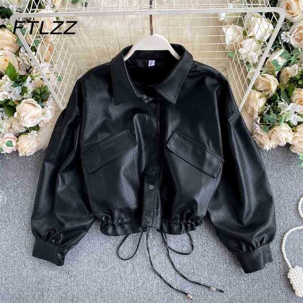 women biker moto crop leather jacket spring autumn single-breasted drawstring black streetwear coats ladies outwear 210525
women biker moto crop leather jacket spring autumn single-breasted drawstring black streetwear coats ladies outwear 210525