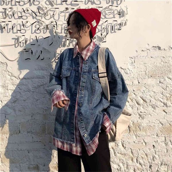 women's jackets false two chess sewing vintage jean jacket harajuku korean spring feminine fall mother denim casual student loose outwe, Black;brown
women's jackets false two chess sewing vintage jean jacket harajuku korean spring feminine fall mother denim casual student loose outwe, Black;brown