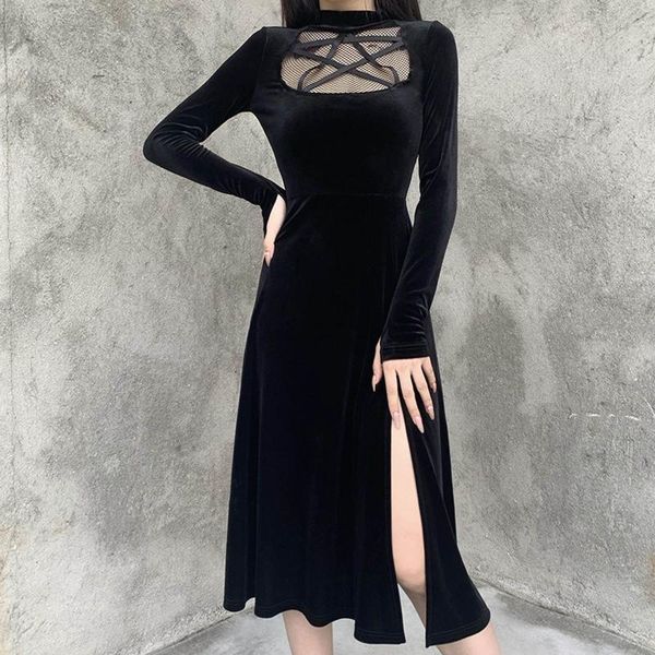 women dress gothic style long sleeve fold patchwork vintage high-waisted pentagram hem slit party club vestidos casual dresses, Black;gray
women dress gothic style long sleeve fold patchwork vintage high-waisted pentagram hem slit party club vestidos casual dresses, Black;gray