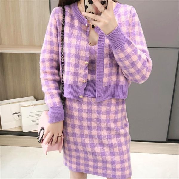korean japanese autumn cute women tracksuits kawaii small fresh plaid knitted sling cardigan skirt three piece suit set t382, Gray
korean japanese autumn cute women tracksuits kawaii small fresh plaid knitted sling cardigan skirt three piece suit set t382, Gray